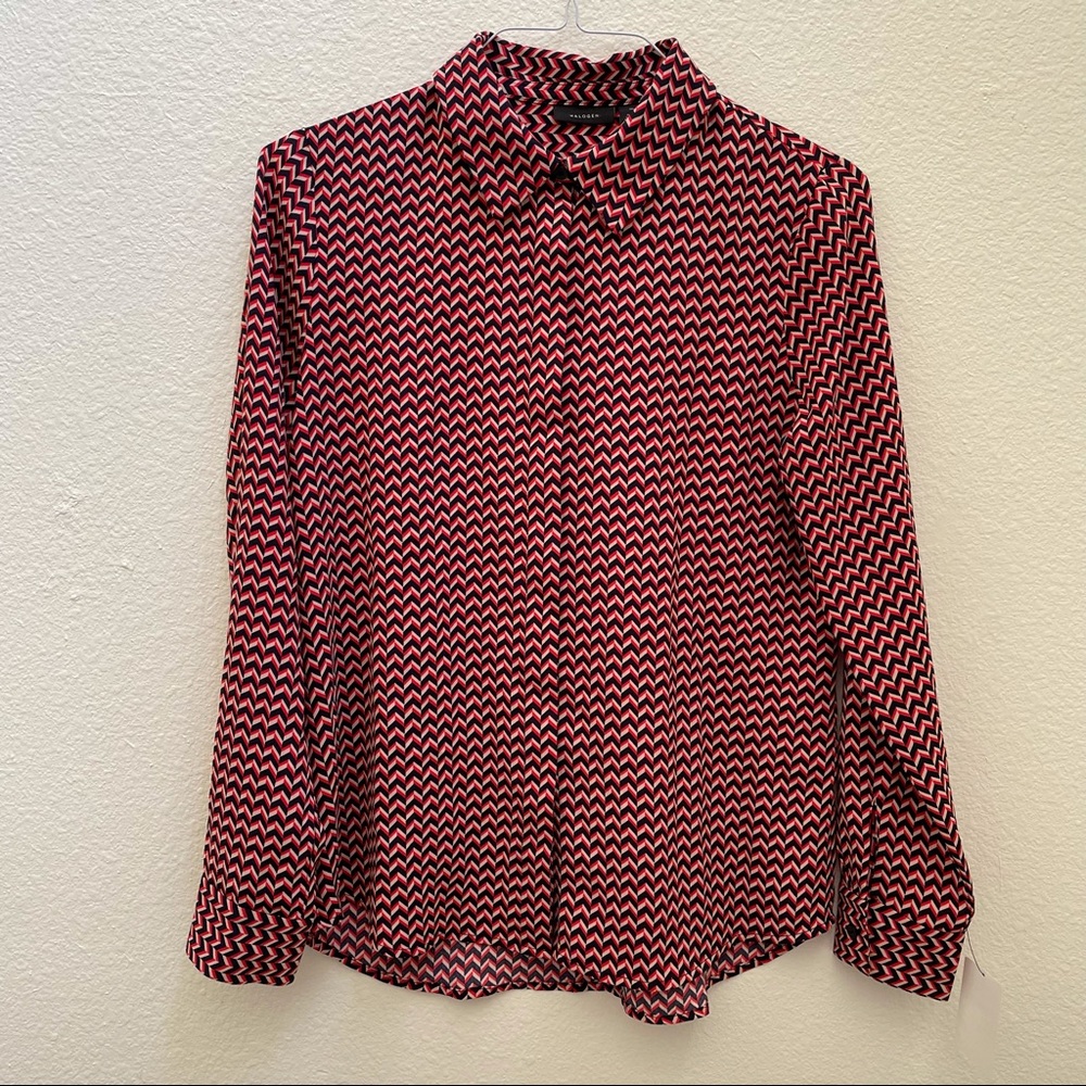 HALOGEN multi color herringbone button down blouse shirt NWT